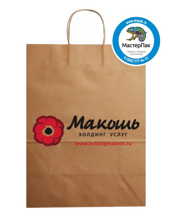 Пакет крафт, бурый с логотипом "Макошь", Москва, 24*28 см, крученые ручки