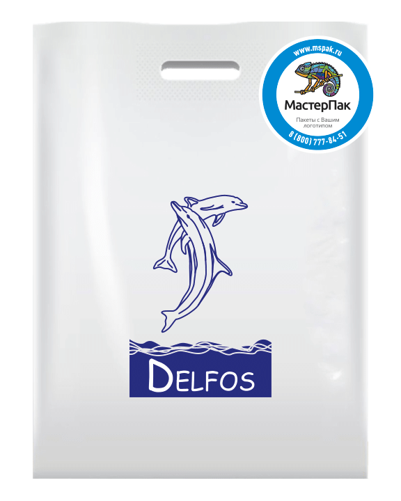 Белый пакет из ПВД в 70 мкм размером 36*45 см с лого производителя строительных материалов DELFOS